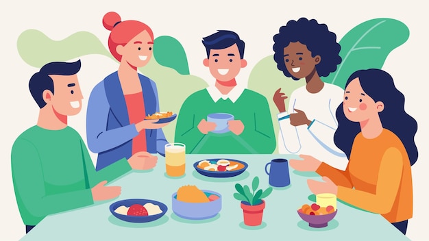 A group of coworkers gather for a mindful potluck savoring each dish and discussing how it makes