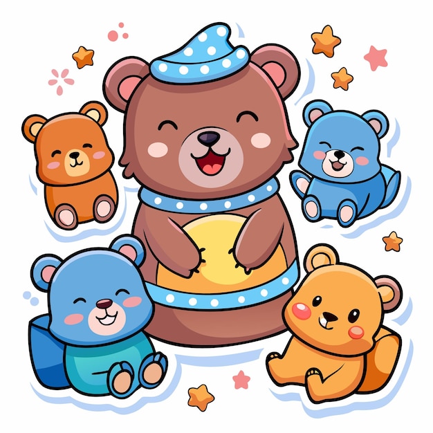 Vector a group of cute cartoon bears in pajamas wearing sleep caps