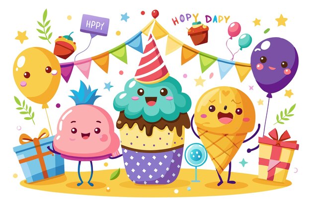 Vector a group of cute cartoon desserts including a cupcake ice cream cone and a cake pop holding gifts and celebrating a birthday with colorful balloons streamers and party hats