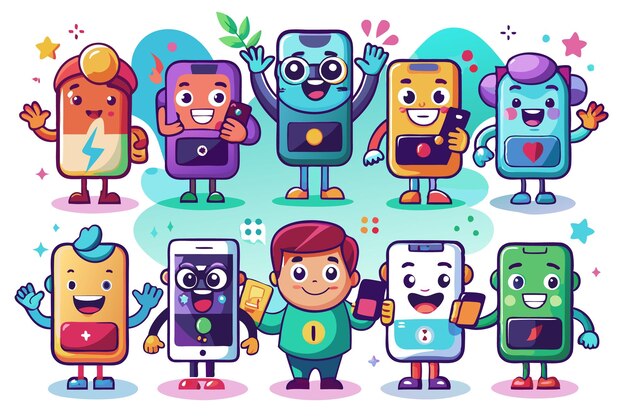 Vector a group of cute cartoon smartphones with a boy holding a smartphone and one is even wearing headphones and all are smiling happily