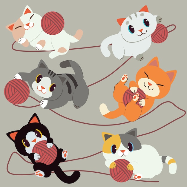 a group of cute cat playing with the red yarn. The cat look relaxing and happy. They are smiling. cute cat in flat vector style