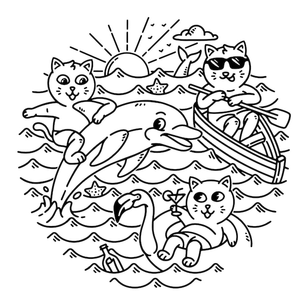 A group of cute cats in the sea line illustration