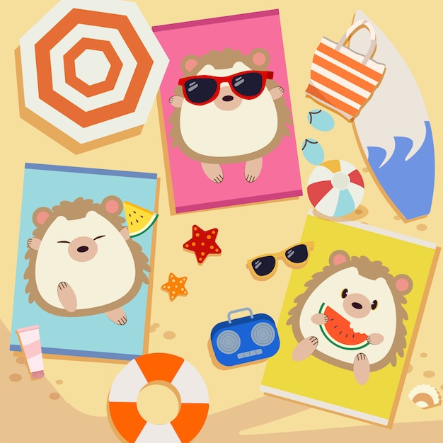 A group of cute hedgehog sunbathing on the beach in flat  style