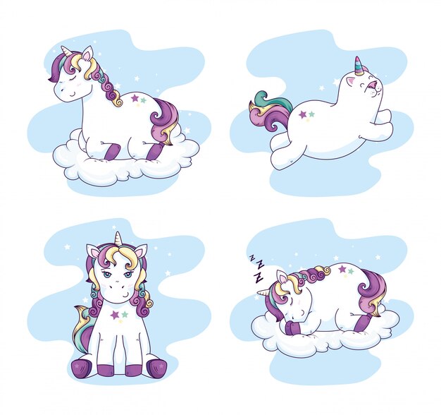 Vector group of cute unicorns fantasy character