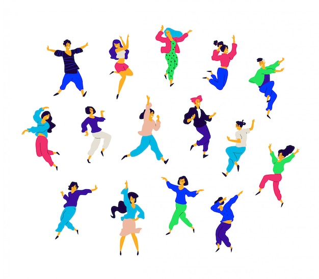 A group of dancing people in different poses and emotions.