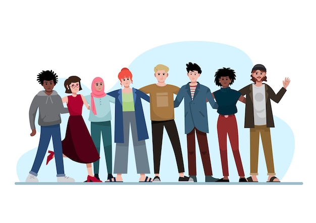 Group of different nationalities people standing together with hugging vector illustration