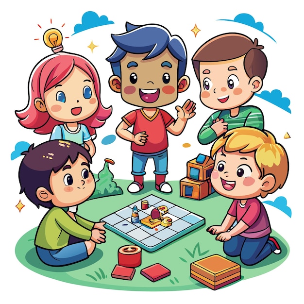 Vector group of diverse children playing a board game outdoors