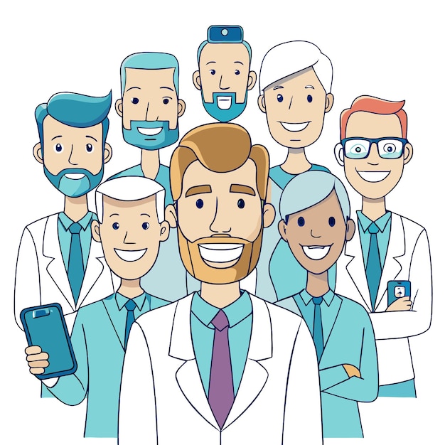 A group of diverse doctors smiling and wearing their lab coats