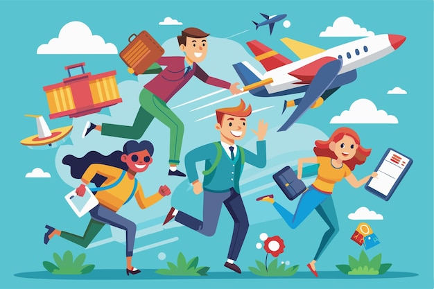 A group of diverse people joyfully runs toward an airplane carrying luggage and preparing for travel Customizable flat illustrations of people flying