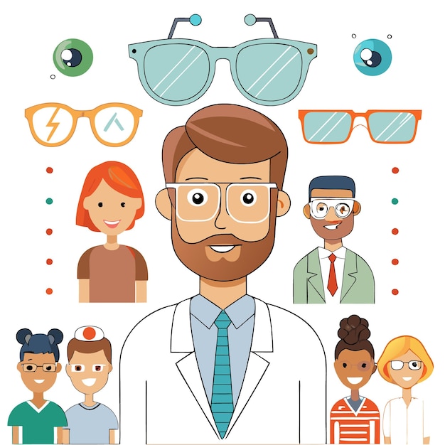 Vector a group of diverse people wearing glasses with an optometrist in the center