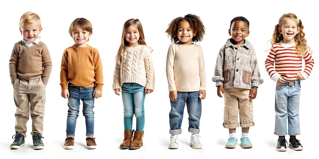 Vector group of diverse smiling children standing together in casual winter outfits