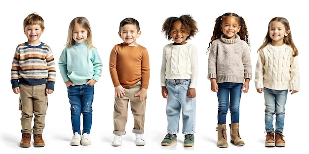 Vector group of diverse smiling children standing together in casual winter outfits