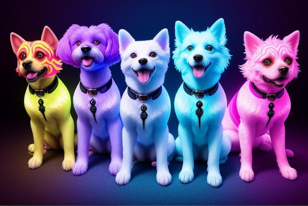 a group of dogs with different colors and one has a black tie