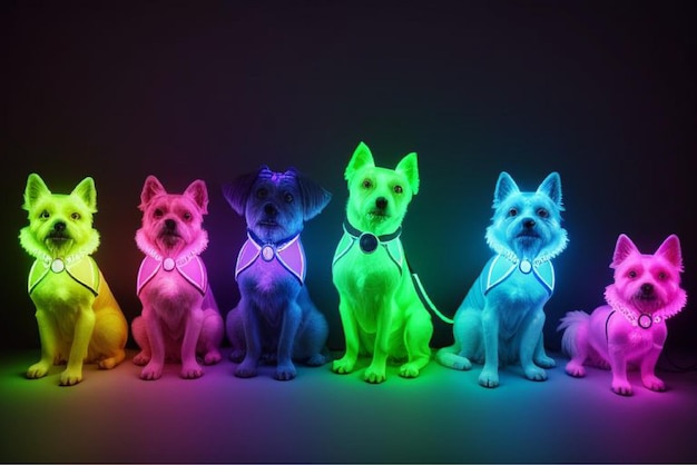 a group of dogs with lights on and one of them has a blue ribbon around the neck