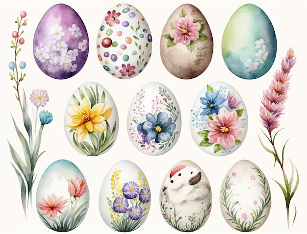 A group of easter eggs with flowers and a rabbit on the bottom.