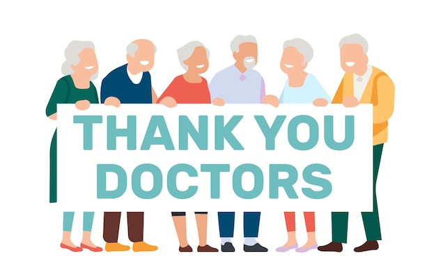 Vector group of elderly grandparents thank doctors appreciation to physicians and nurses happy senior men and women thankfulness to healthcare workers gratitude poster vector concept