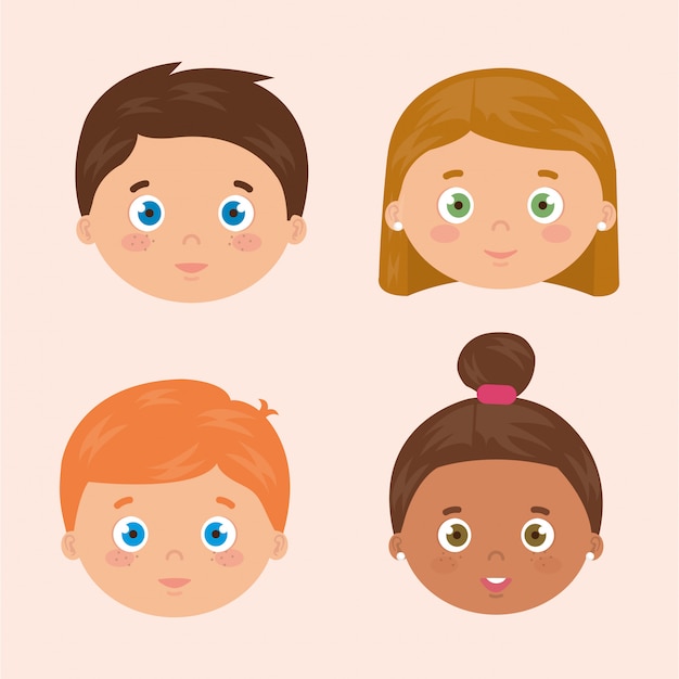 Group of faces little children avatar characters