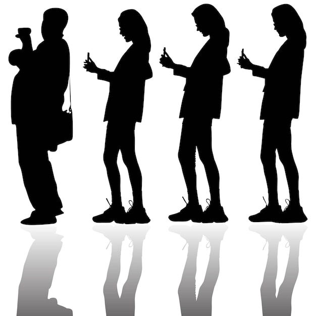 Group of Fashionable Silhouette Girls with mobile