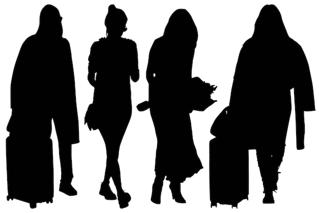 Group of fashionable silhouette girls with trolly bag