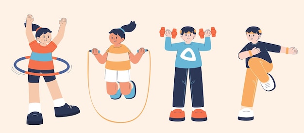 Group of female and male athlete doing exercise in cartoon character