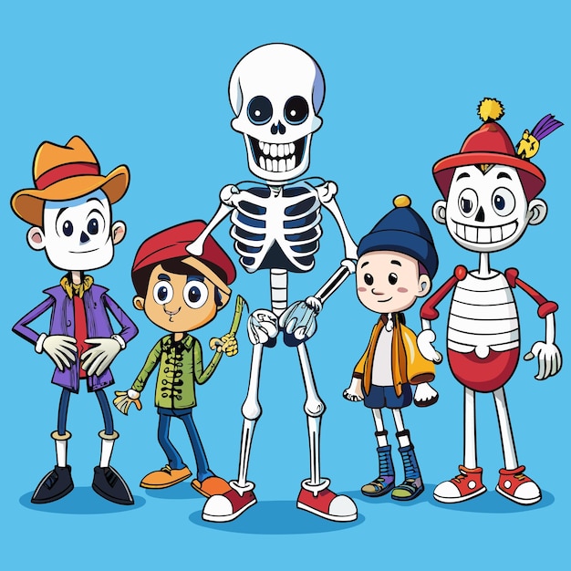 Vector a group of five cartoon characters including a skeleton standing together on a blue background