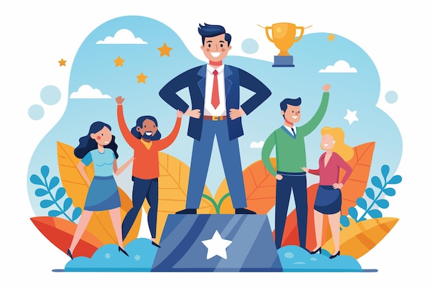 A group of five people joyfully celebrating success with one person standing proudly on a podium holding a trophy Leadership Customizable Flat Illustration