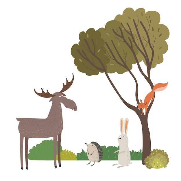 Group of forest animals elk hare hedgehog and squirrel