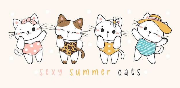 Group of four cute funny summer kitten cat in colourful one piece swimsuite cartoon doodle pet animal hand drawn vector banner