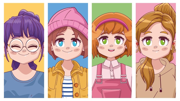 Group of four cute girls manga anime  illustration 