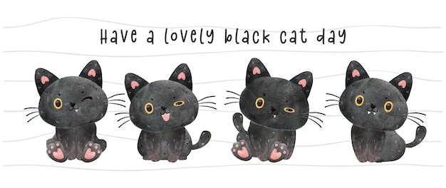 Group of four cute watercolor baby black cat hand painting vector illustration banner