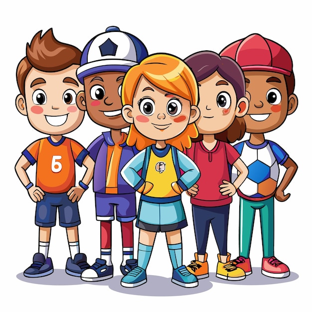 Vector a group of four diverse cartoon children stand together each in unique colorful outfits with happy expressions