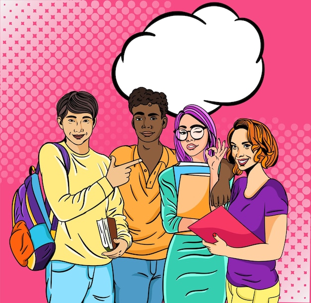 Group of four friends and cool students at the university with a blank speech or thought bubble happy together about a new idea or event. Vector illustration