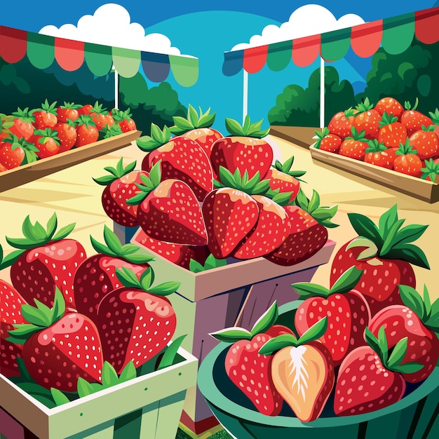 group of fresh ripe red vivid strawberries in summer market