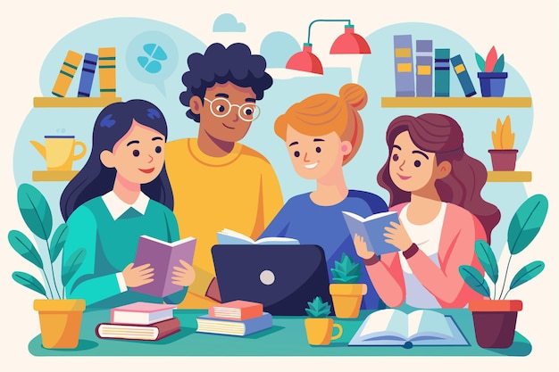 Vector a group of friends engages in fun studying sharing knowledge and enjoying each others company around a desk studying together is fun trending