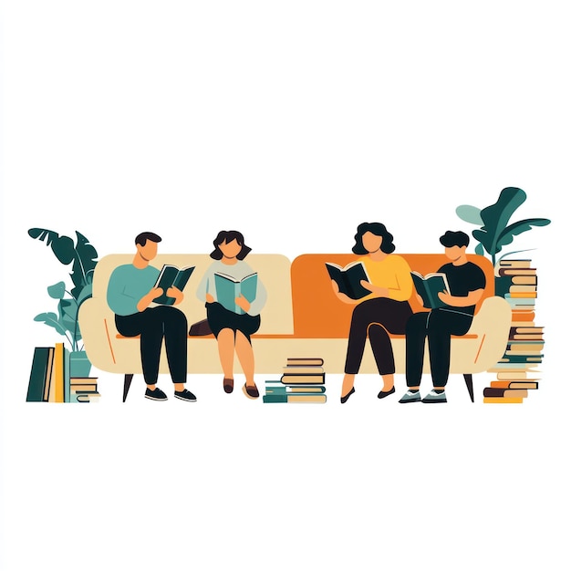 Group of Friends Enjoying Reading on a Couch