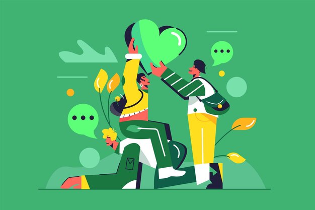 Vector group of friends holding big green heart, girl sitting on a man, guy with bag isolated on green background, flat  illustration