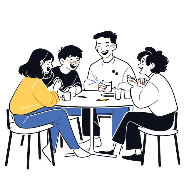 A group of friends laughing and sharing stories at a coffee shop minimalistic vector illustration