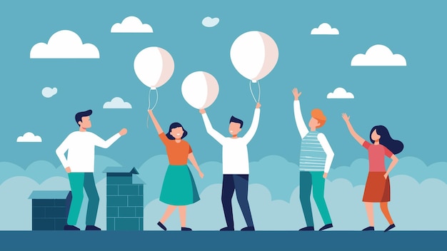 A group of friends standing on a rooftop sending off white balloons with prayers and wishes for good