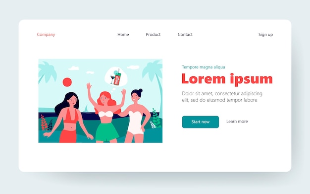 Group of girlfriends planning party on tropical beach. Young women, female friends, alcohol cocktail. Flat vector illustration. Leisure, vacation concept for banner, website design or landing web page