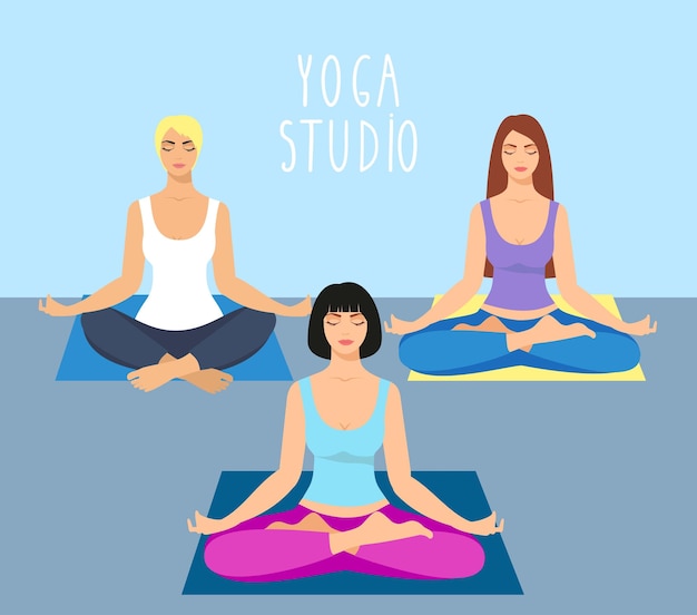 a group of girls doing yoga in the studio women in lotus position Meditating girl illustration