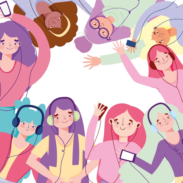 group girls listening music with smartphone through earphones  illustration