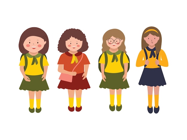 A group of girls with yellow shirts a cute kid Cartoon