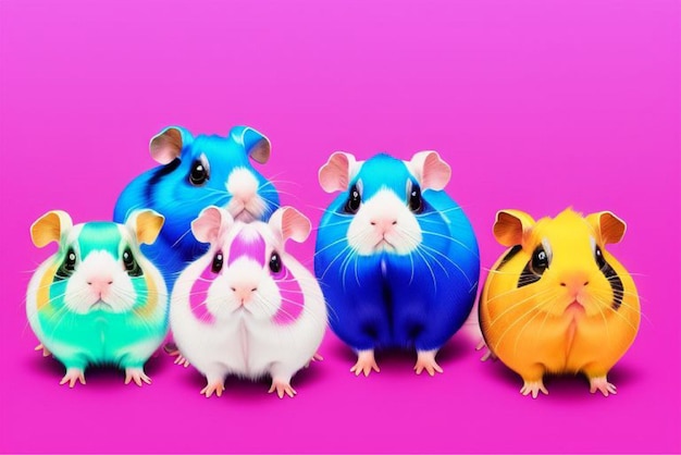 a group of guinea pigs are lined up on a pink background