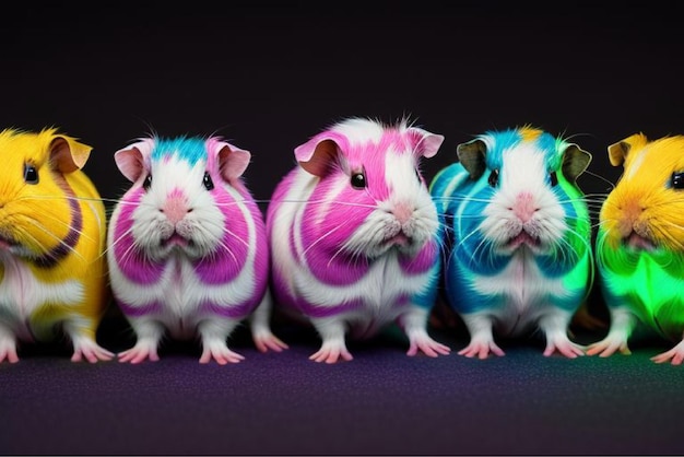 a group of guinea pigs are lined up with their tails wrapped around their body