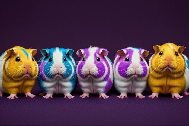 Vector a group of hamster figurines are lined up on a purple background