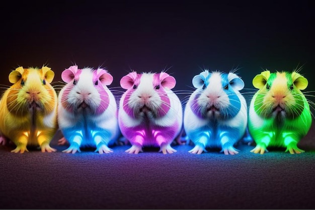 Vector a group of hamster sitting on a purple carpet with a purple light around it