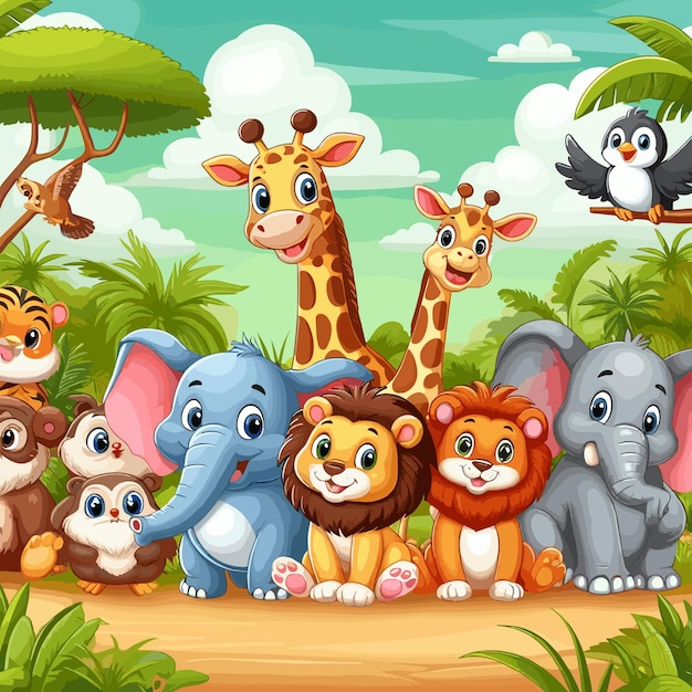 Group of happy animals cartoon in the jungle colorful vector illustration