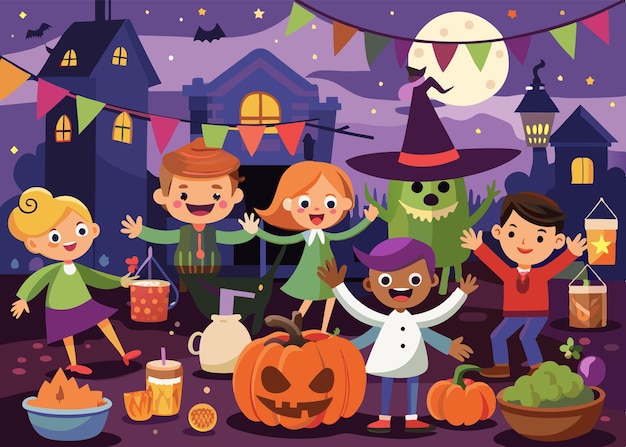 Vector a group of happy children celebrating halloween in front of a spooky house with jackolantern lanterns and a fire