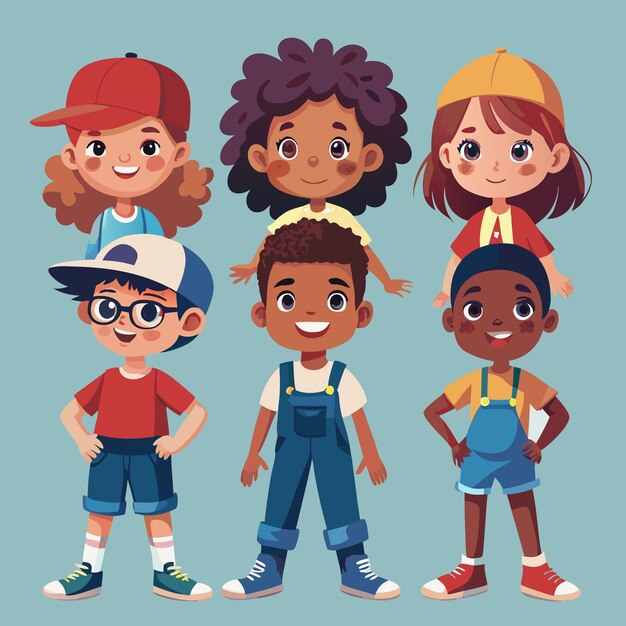 Vector group of happy diverse cartoon kids in casual outfits