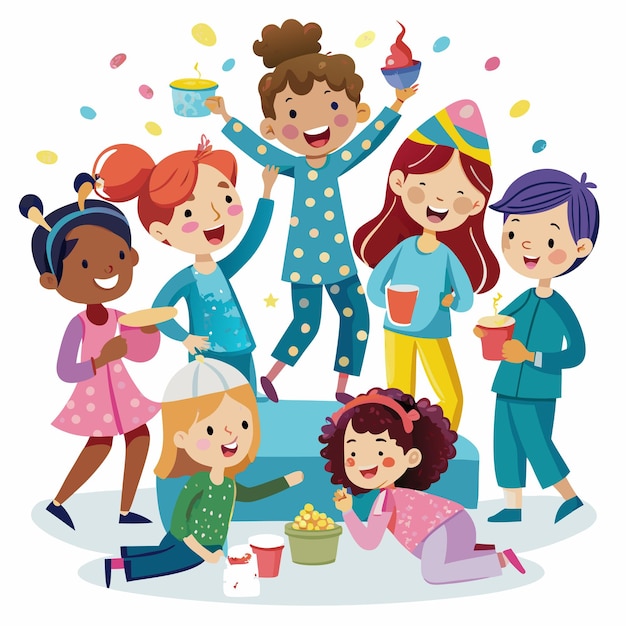 Group of happy diverse kids in pajamas having a sleepover with snacks and drinks